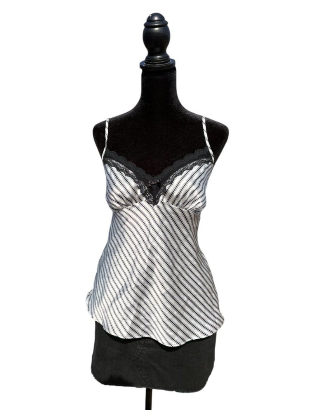 Linea Donatella lace trim satin cami mesh‎ spaghetti strap tank top striped